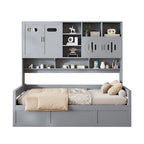 Blanc/Gris, Lit de repos 1 place (jumeau/double) avec bibliothèque, armoire et rangement hydraulique