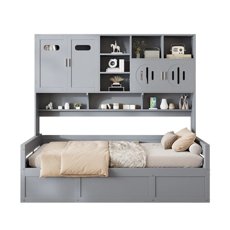 Blanc/Gris, Lit de repos 1 place (jumeau/double) avec bibliothèque, armoire et rangement hydraulique