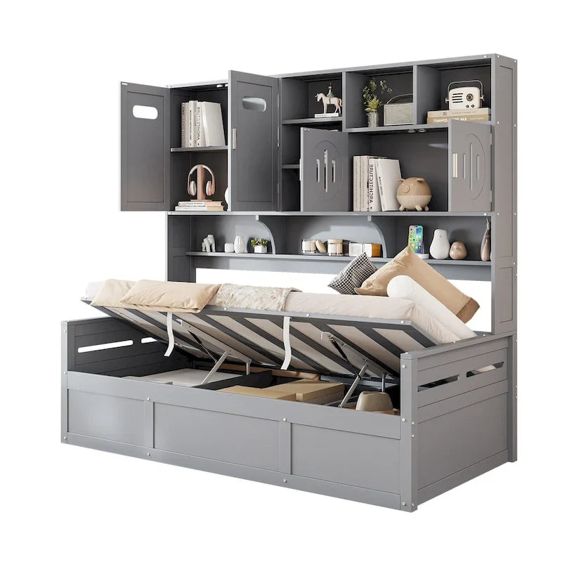 Blanc/Gris, Lit de repos 1 place (jumeau/double) avec bibliothèque, armoire et rangement hydraulique