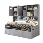 Blanc/Gris, Lit de repos 1 place (jumeau/double) avec bibliothèque, armoire et rangement hydraulique