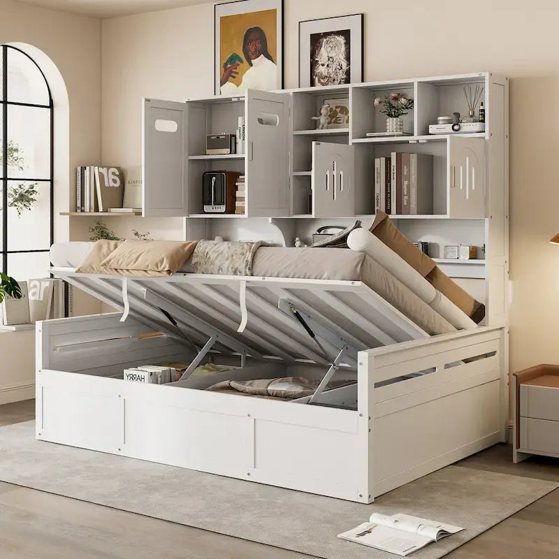Blanc/Gris, Lit de repos 1 place (jumeau/double) avec bibliothèque, armoire et rangement hydraulique