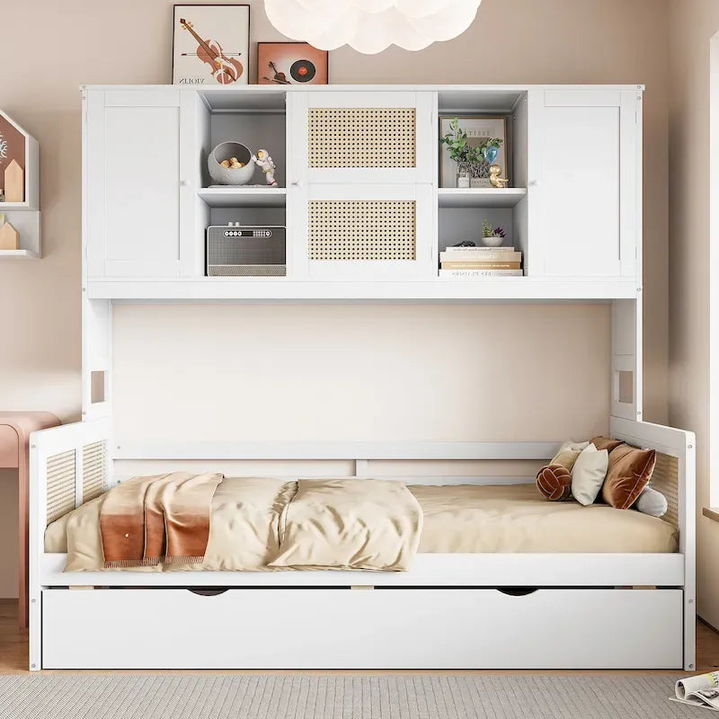 Lit de repos en rotin blanc/gris avec lit gigogne et armoire de rangement, jumeau/double, 2 couchages