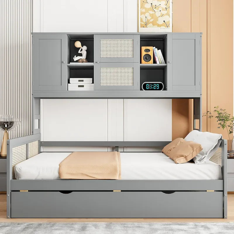 Lit de repos en rotin blanc/gris avec lit gigogne et armoire de rangement, jumeau/double, 2 couchages