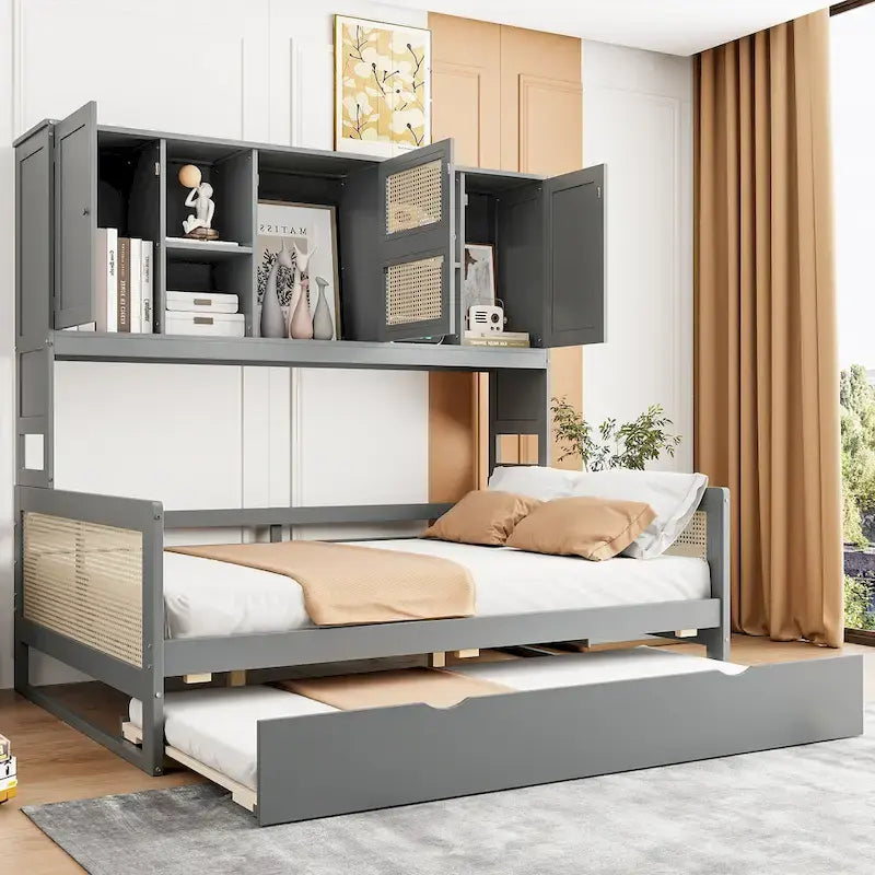Lit de repos en rotin blanc/gris avec lit gigogne et armoire de rangement, jumeau/double, 2 couchages