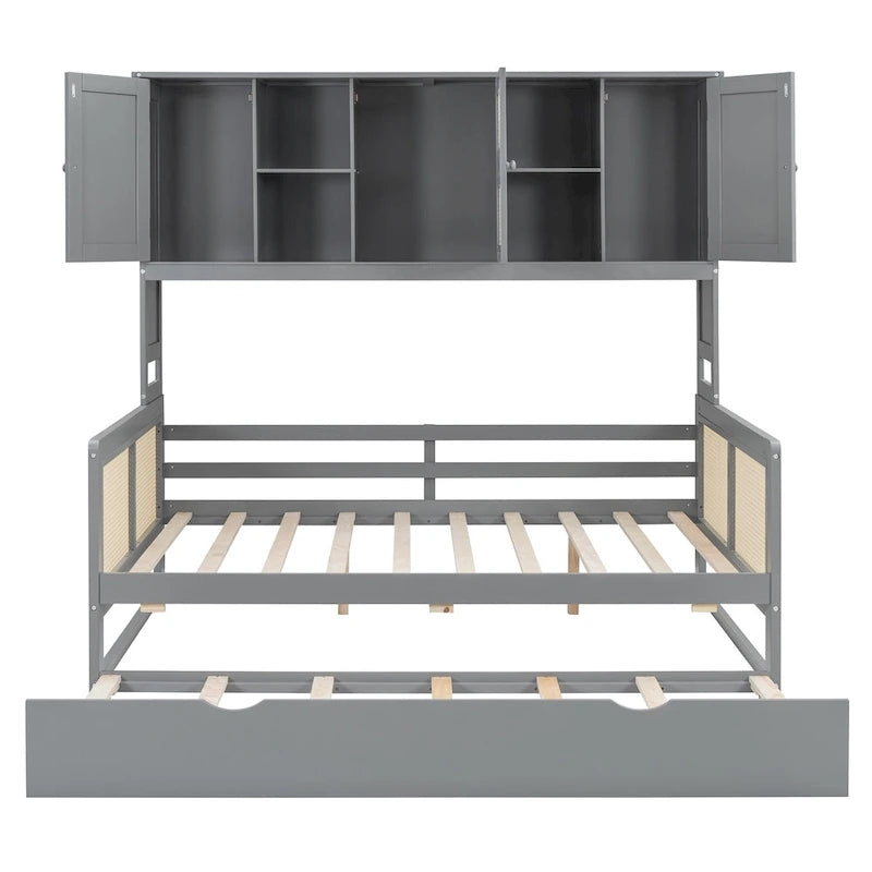 Lit de repos en rotin blanc/gris avec lit gigogne et armoire de rangement, jumeau/double, 2 couchages