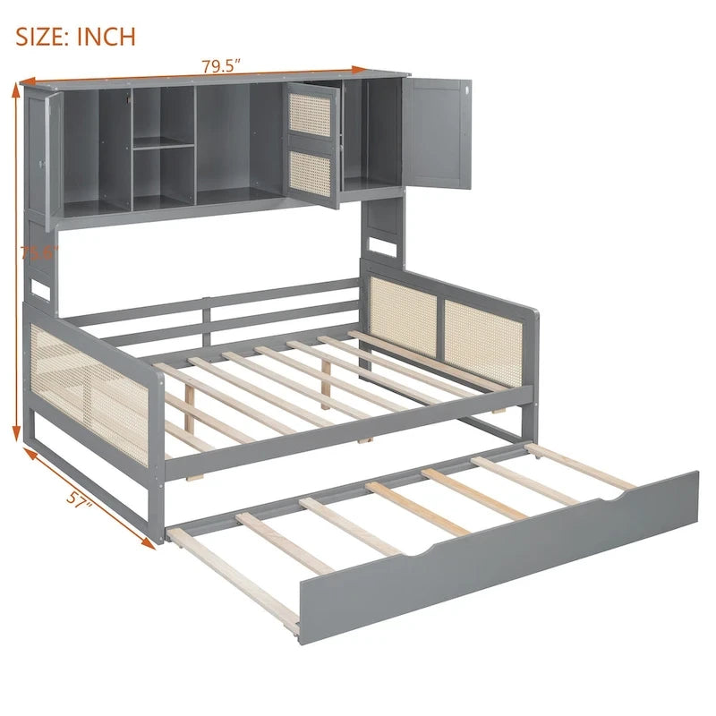 Lit de repos en rotin blanc/gris avec lit gigogne et armoire de rangement, jumeau/double, 2 couchages