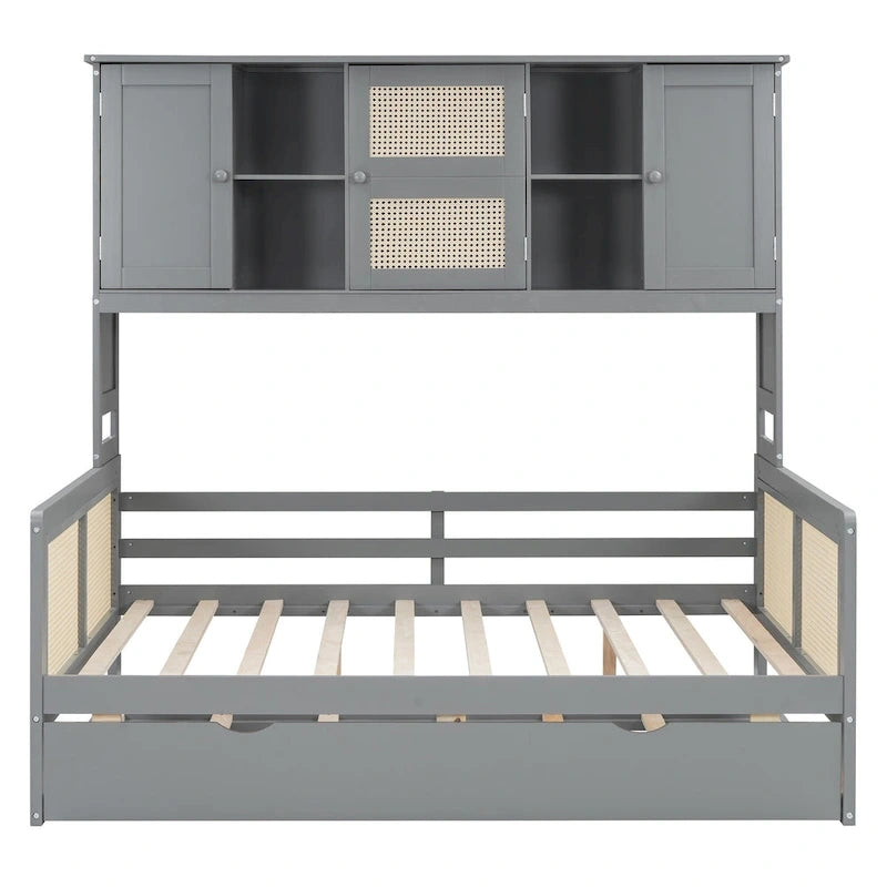 Lit de repos en rotin blanc/gris avec lit gigogne et armoire de rangement, jumeau/double, 2 couchages