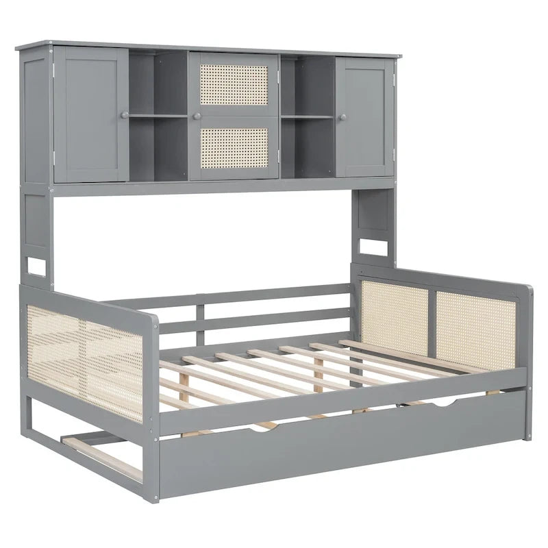 Lit de repos en rotin blanc/gris avec lit gigogne et armoire de rangement, jumeau/double, 2 couchages