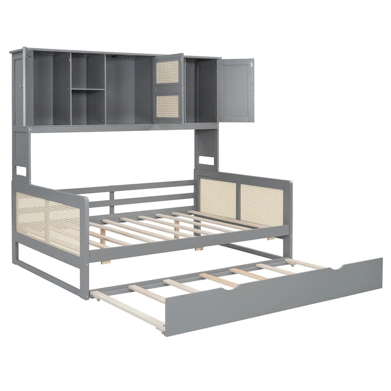 Lit de repos en rotin blanc/gris avec lit gigogne et armoire de rangement, jumeau/double, 2 couchages