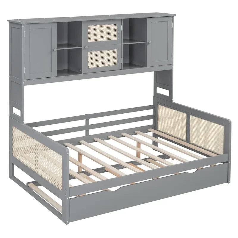 Lit de repos en rotin blanc/gris avec lit gigogne et armoire de rangement, jumeau/double, 2 couchages