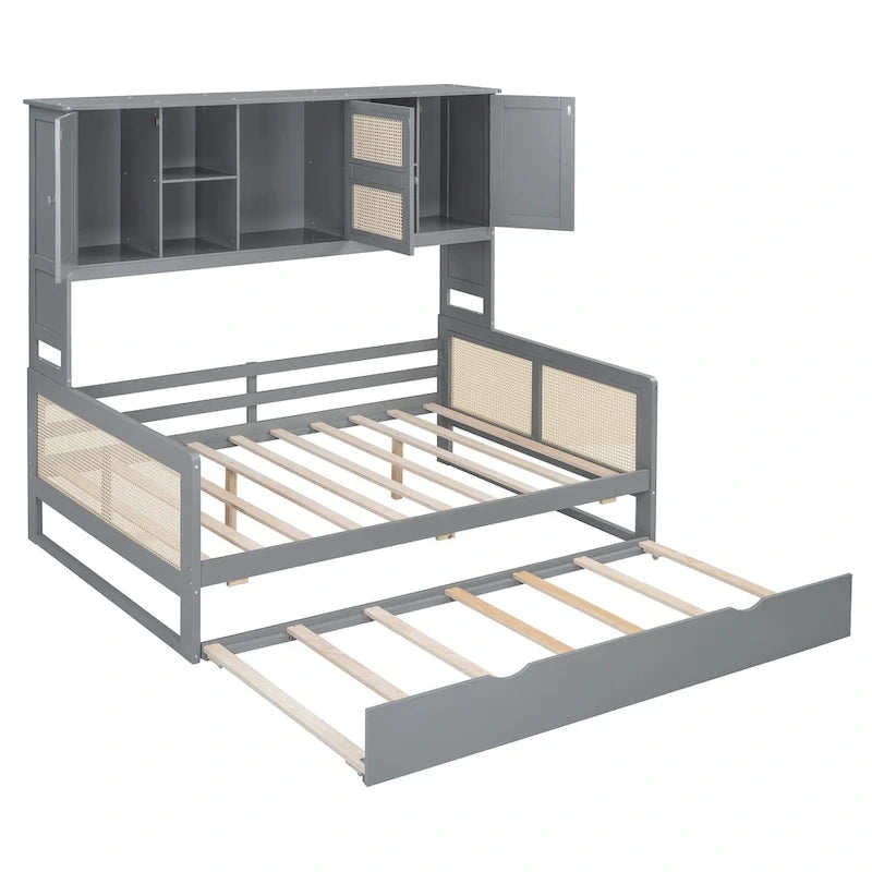 Lit de repos en rotin blanc/gris avec lit gigogne et armoire de rangement, jumeau/double, 2 couchages