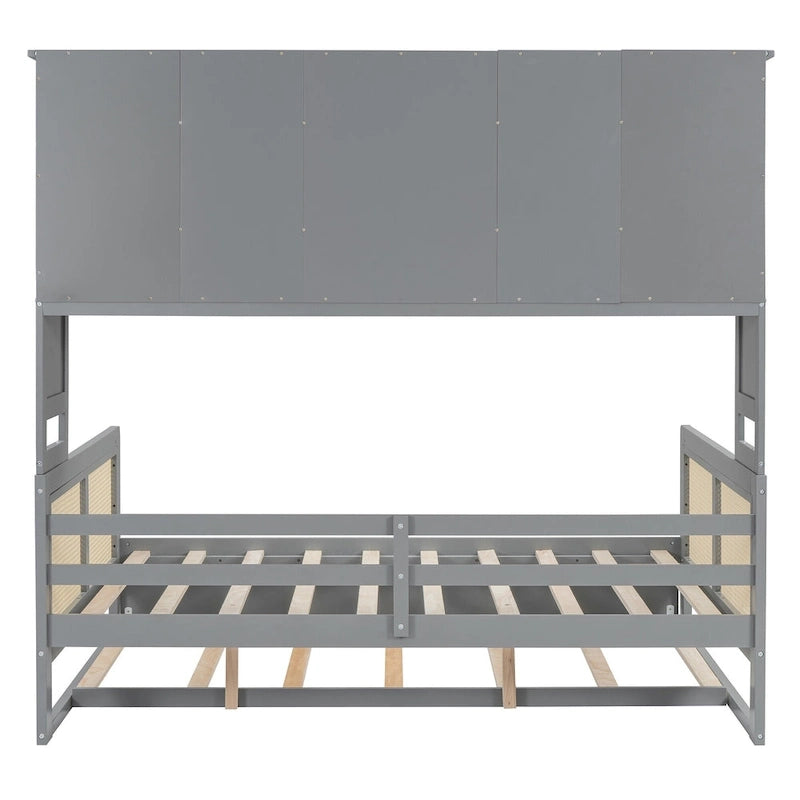 Lit de repos en rotin blanc/gris avec lit gigogne et armoire de rangement, jumeau/double, 2 couchages