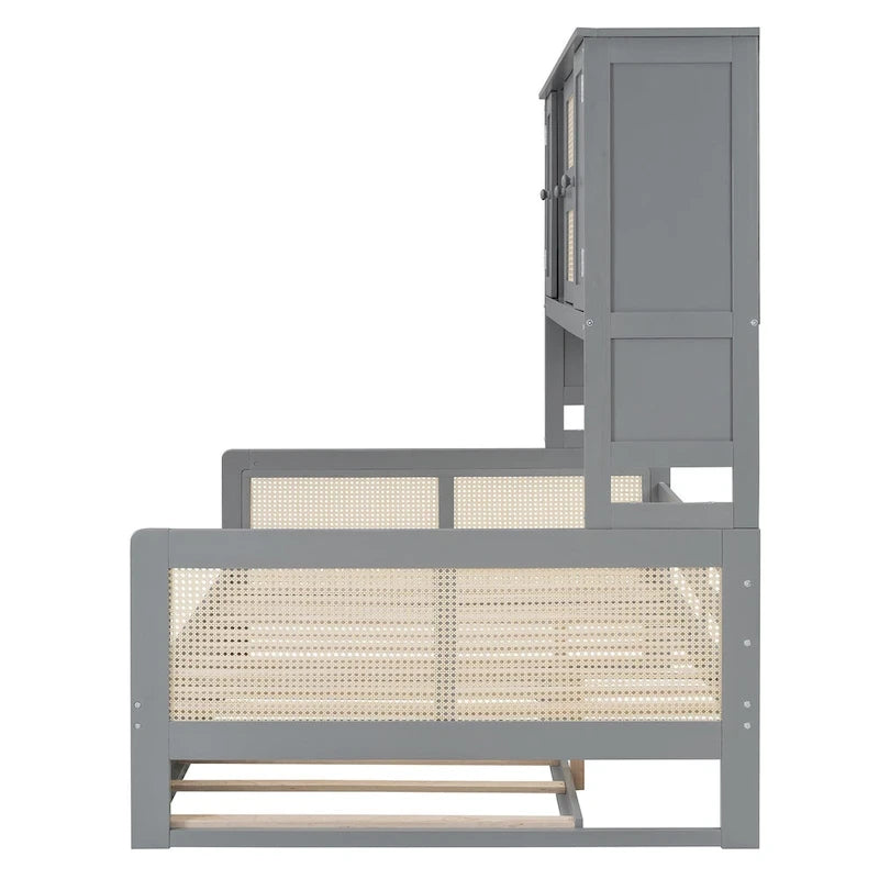 Lit de repos en rotin blanc/gris avec lit gigogne et armoire de rangement, jumeau/double, 2 couchages