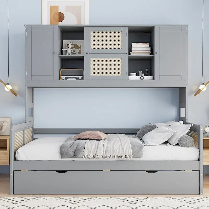 Lit de repos en rotin blanc/gris avec lit gigogne et armoire de rangement, jumeau/double, 2 couchages