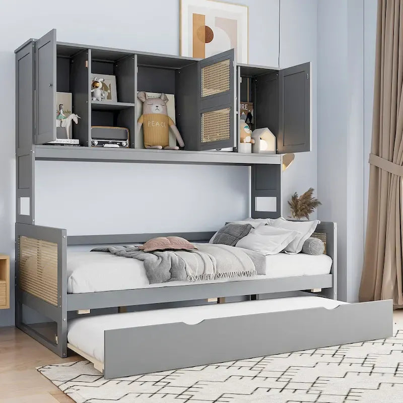 Lit de repos en rotin blanc/gris avec lit gigogne et armoire de rangement, jumeau/double, 2 couchages