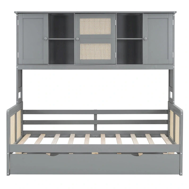 Lit de repos en rotin blanc/gris avec lit gigogne et armoire de rangement, jumeau/double, 2 couchages