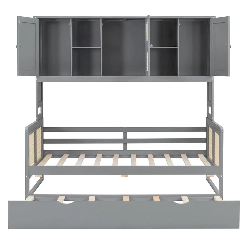 Lit de repos en rotin blanc/gris avec lit gigogne et armoire de rangement, jumeau/double, 2 couchages