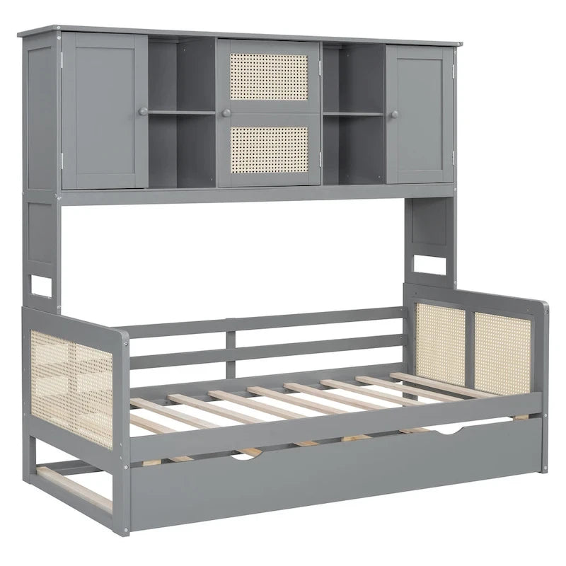 Lit de repos en rotin blanc/gris avec lit gigogne et armoire de rangement, jumeau/double, 2 couchages