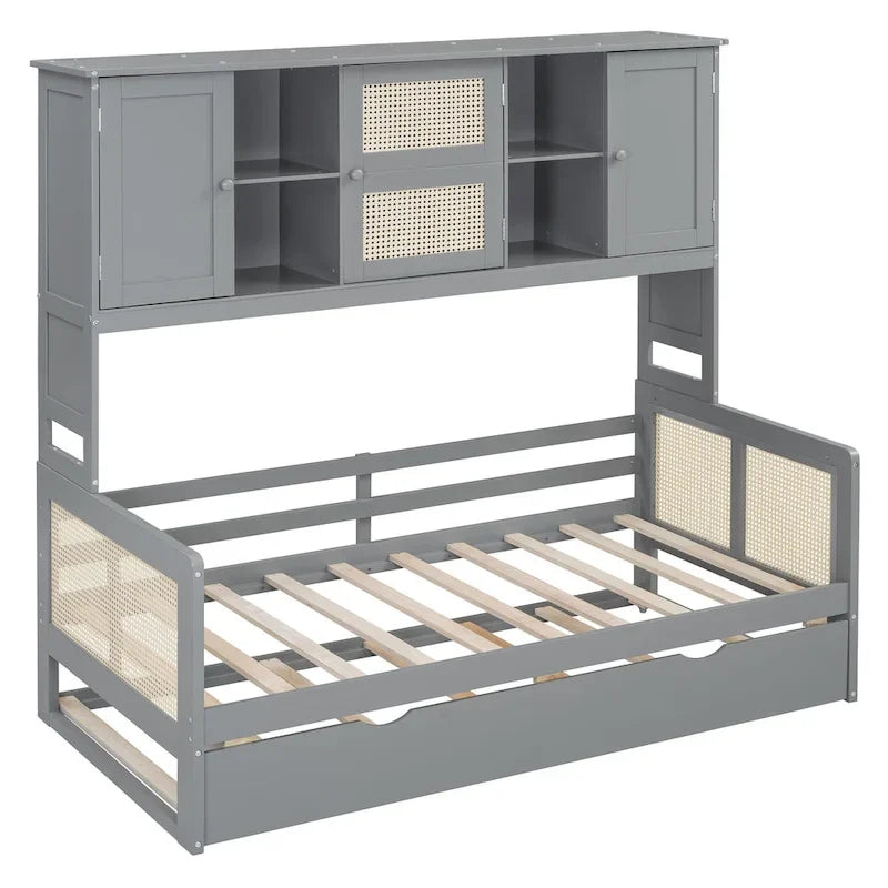 Lit de repos en rotin blanc/gris avec lit gigogne et armoire de rangement, jumeau/double, 2 couchages
