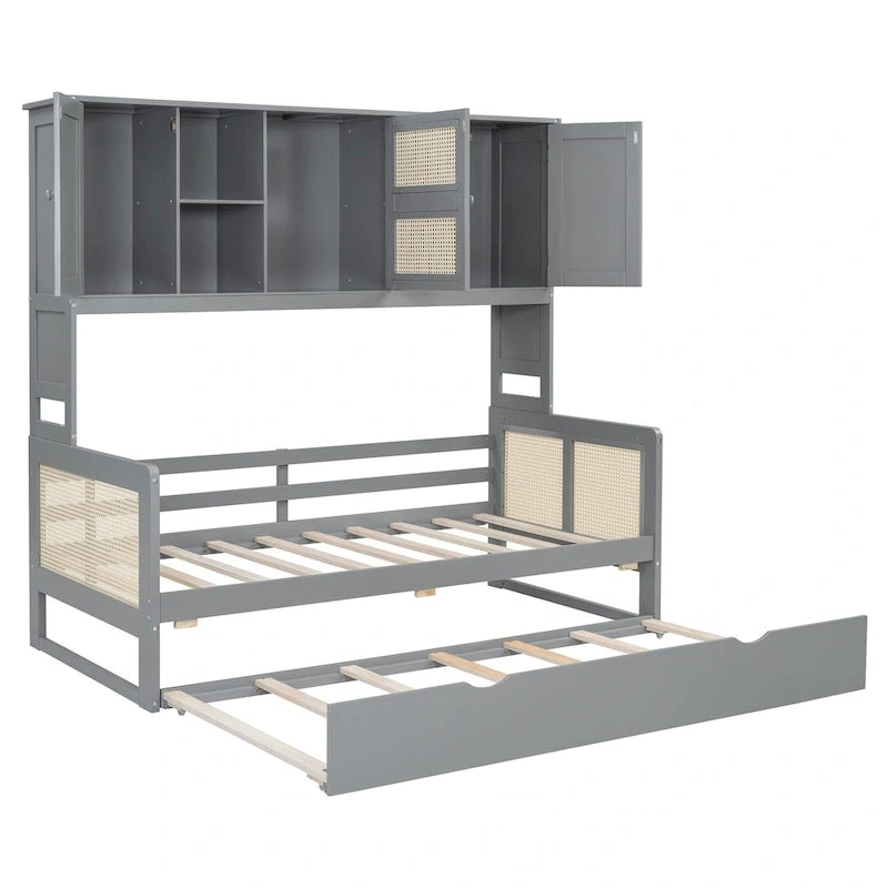Lit de repos en rotin blanc/gris avec lit gigogne et armoire de rangement, jumeau/double, 2 couchages