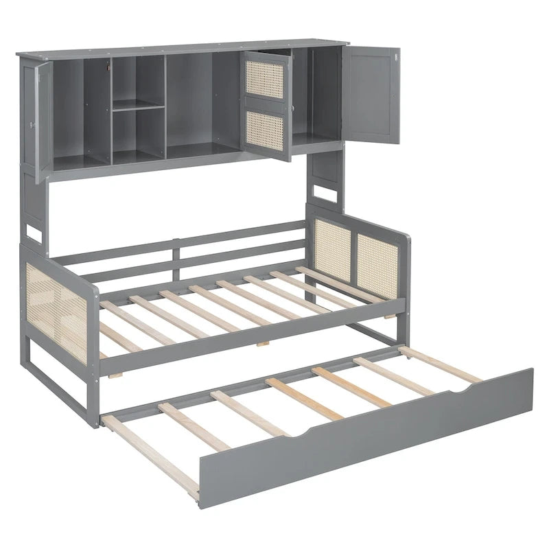 Lit de repos en rotin blanc/gris avec lit gigogne et armoire de rangement, jumeau/double, 2 couchages