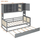 Lit de repos en rotin blanc/gris avec lit gigogne et armoire de rangement, jumeau/double, 2 couchages