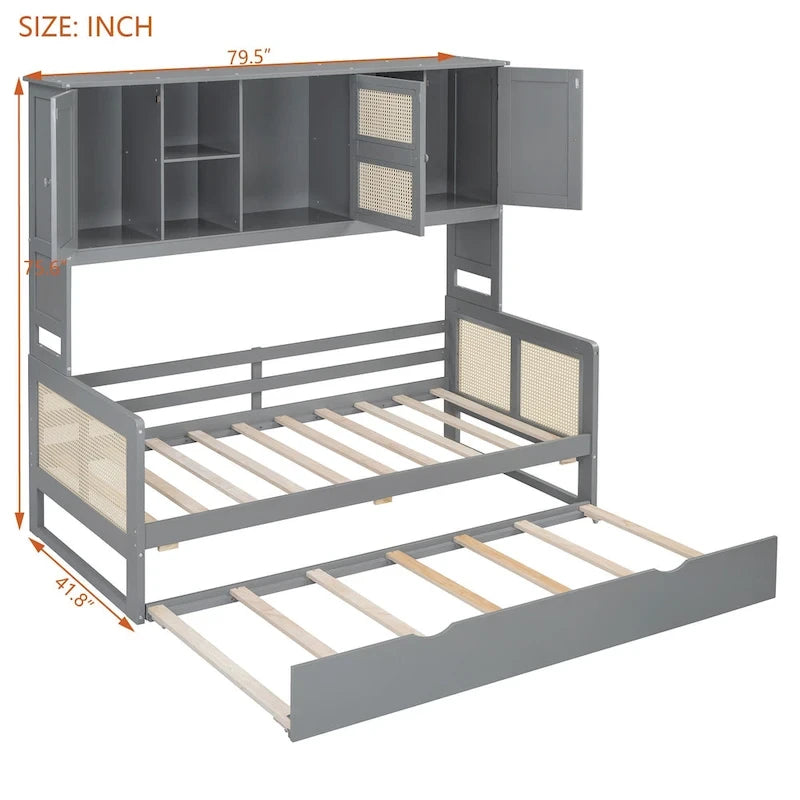 Lit de repos en rotin blanc/gris avec lit gigogne et armoire de rangement, jumeau/double, 2 couchages