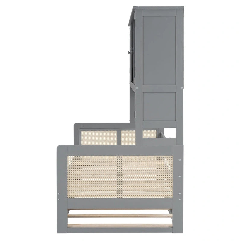 Lit de repos en rotin blanc/gris avec lit gigogne et armoire de rangement, jumeau/double, 2 couchages