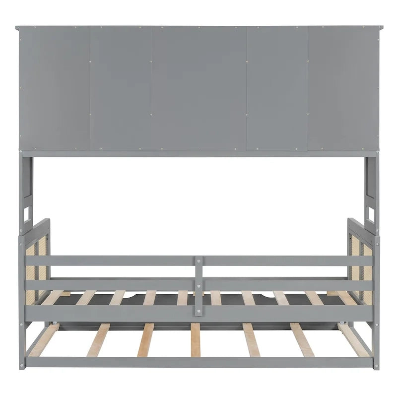 Lit de repos en rotin blanc/gris avec lit gigogne et armoire de rangement, jumeau/double, 2 couchages