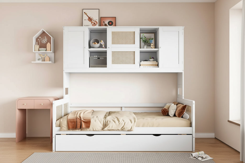Lit de repos en rotin blanc/gris avec lit gigogne et armoire de rangement, jumeau/double, 2 couchages