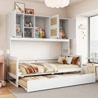 Lit de repos en rotin blanc/gris avec lit gigogne et armoire de rangement, jumeau/double, 2 couchages