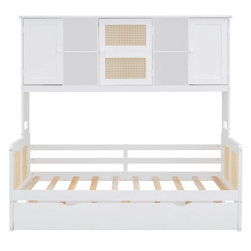 Lit de repos en rotin blanc/gris avec lit gigogne et armoire de rangement, jumeau/double, 2 couchages