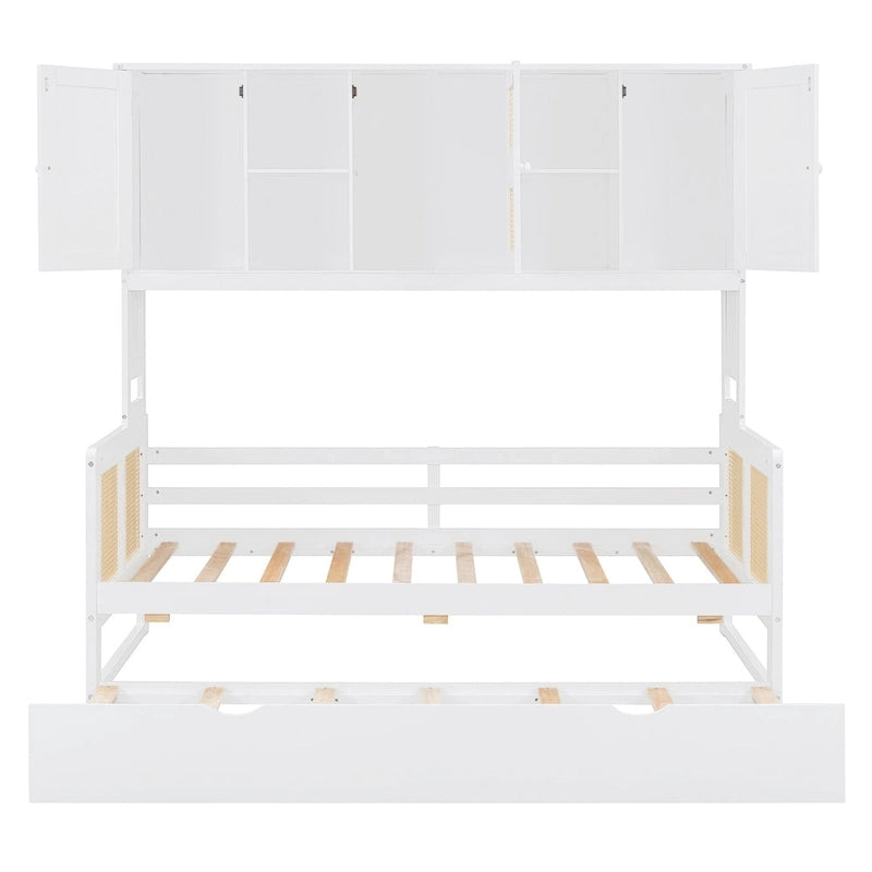 Lit de repos en rotin blanc/gris avec lit gigogne et armoire de rangement, jumeau/double, 2 couchages