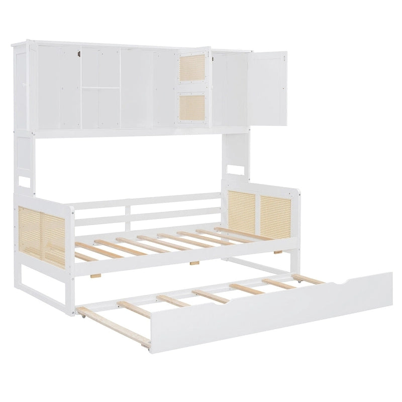 Lit de repos en rotin blanc/gris avec lit gigogne et armoire de rangement, jumeau/double, 2 couchages