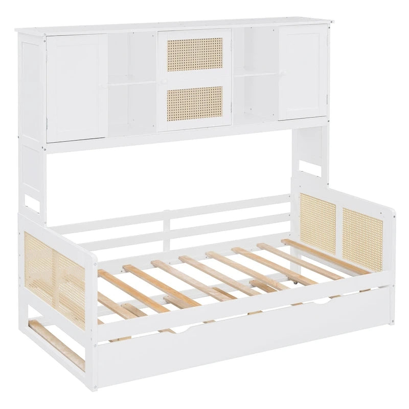 Lit de repos en rotin blanc/gris avec lit gigogne et armoire de rangement, jumeau/double, 2 couchages