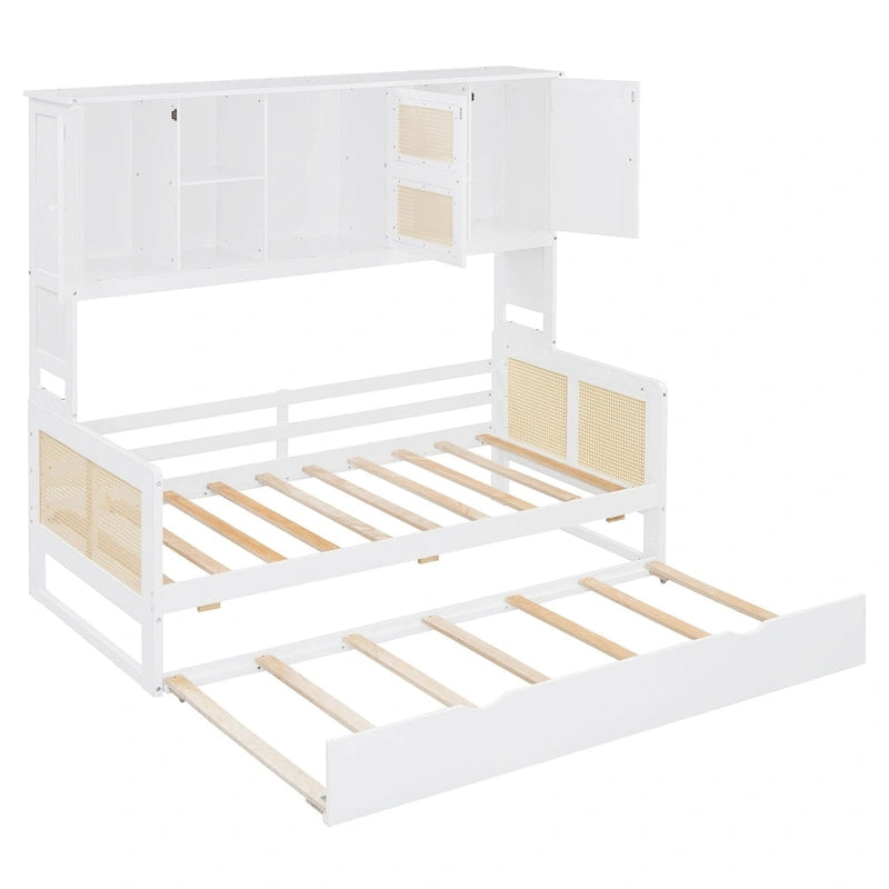 Lit de repos en rotin blanc/gris avec lit gigogne et armoire de rangement, jumeau/double, 2 couchages