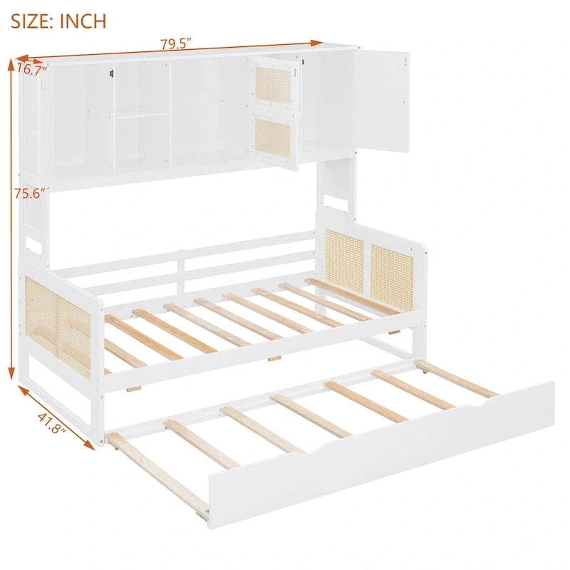 Lit de repos en rotin blanc/gris avec lit gigogne et armoire de rangement, jumeau/double, 2 couchages
