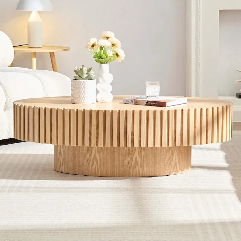Table basse ronde à pied de 43 po – Noyer / Frêne Naturel / Noir Mat