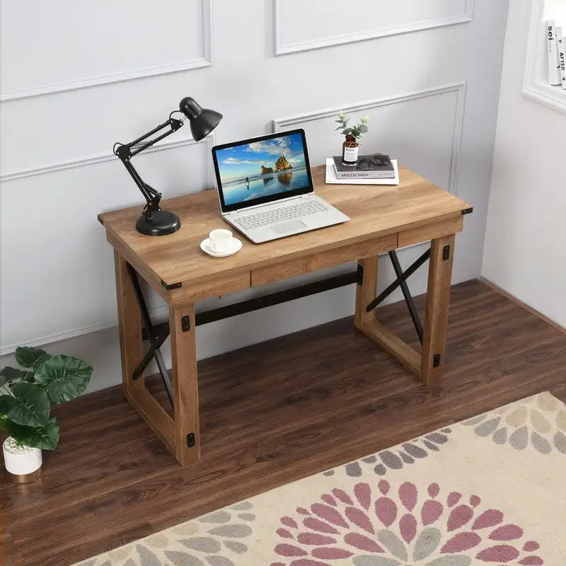 Bureau marron avec tiroir, piétement en X, simple, 120,65 cm
