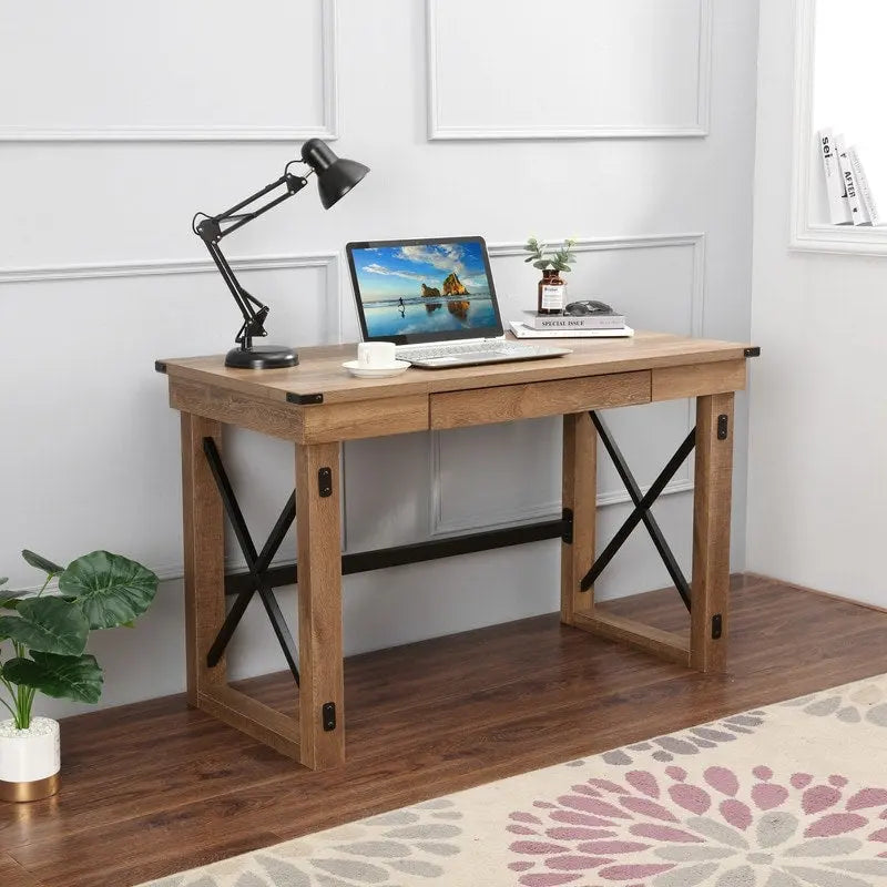 Bureau marron avec tiroir, piétement en X, simple, 120,65 cm