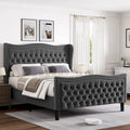 Lit plateforme rembourré en velours gris grand format, 2 personnes