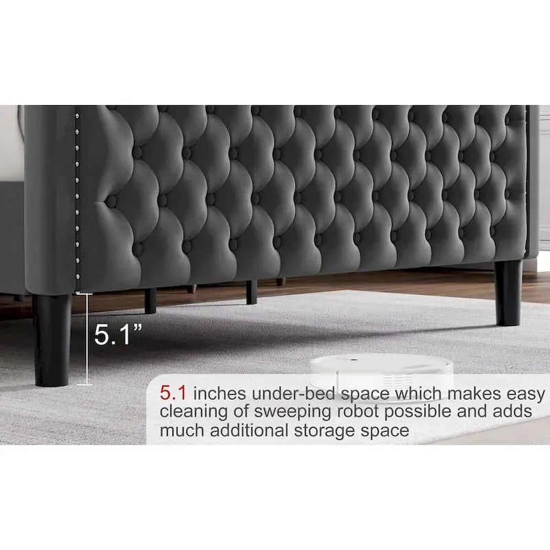 Lit plateforme rembourré en velours gris grand format, 2 personnes