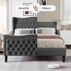 Lit plateforme rembourré en velours gris grand format, 2 personnes