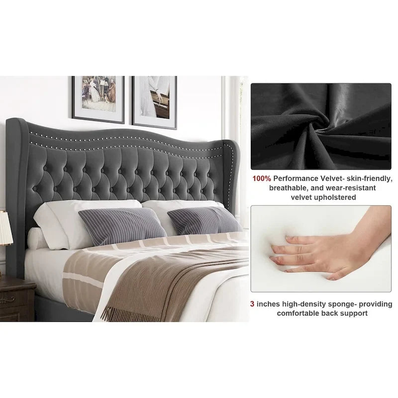 Lit plateforme rembourré en velours gris grand format, 2 personnes