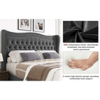 Lit plateforme rembourré en velours gris grand format, 2 personnes