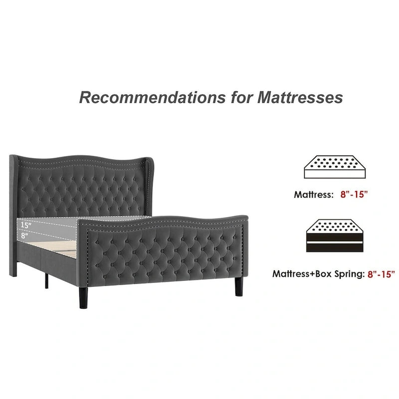 Lit plateforme rembourré en velours gris grand format, 2 personnes