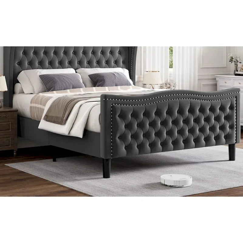 Lit plateforme rembourré en velours gris grand format, 2 personnes