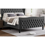 Lit plateforme rembourré en velours gris grand format, 2 personnes