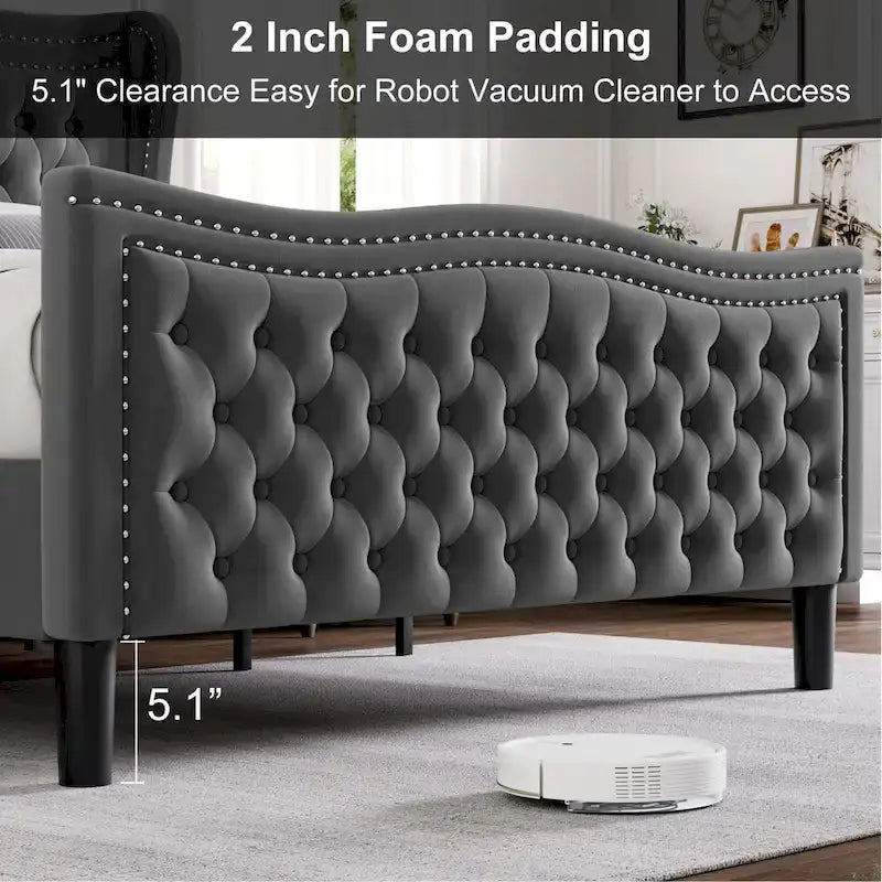 Lit plateforme rembourré en velours gris grand format, 2 personnes