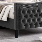 Lit plateforme rembourré en velours gris grand format, 2 personnes